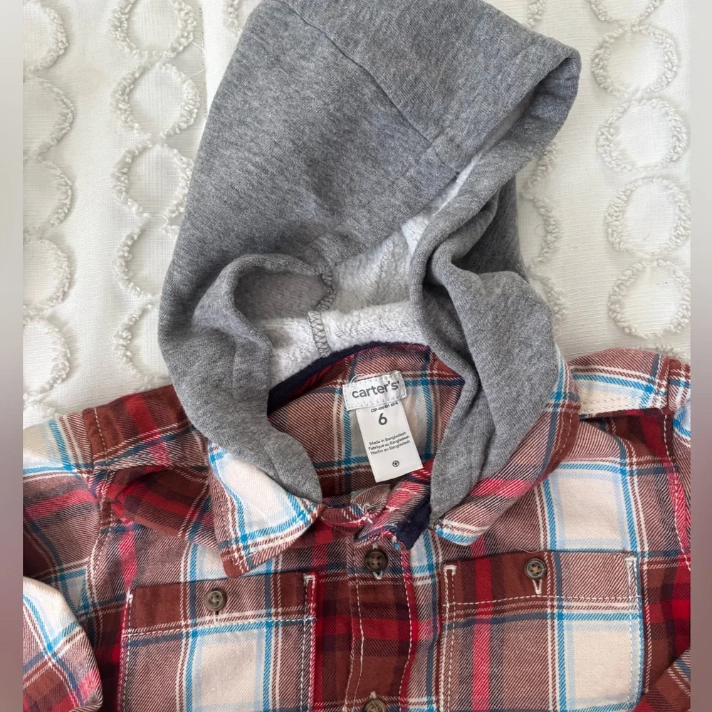 Carter's Red Plaid Button Down Shirt with Gray Hood - Picture 3 of 5